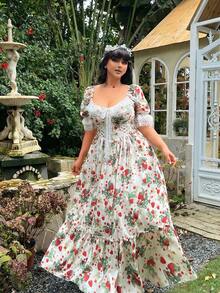 Lyrianda Đầm dài thanh lịch kiểu công chúa in hình dâu tây dễ thương dành cho phụ nữ cỡ lớn - Đỏ - Xem 3