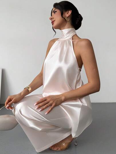 Rafferiza 复古优雅露背垂褶缎带不对称吊带上衣和长款弹力腰宽松缎面裤两件套