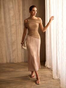 MOTF PREMIUM WOMEN'S ASYMMETRIC SHOULDER PATCHWORK PARTY LONG DRESS, SPRING/SUMMER - Champagne - View 2