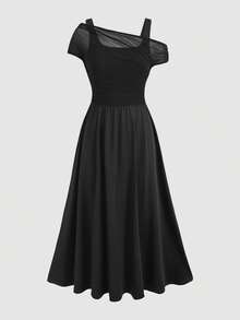 Đầm đen ôm dáng thanh lịch cho bé gái, phối lưới, hở vai, tay bồng, xếp ly, thích hợp dự tiệc, lễ Giáng sinh, phù dâu, dạ hội. - màu đen - Xem 3