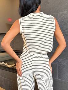 Natali Santanap 女士两件套条纹背心和裤子，休闲 - 黑與白 - 查看 2