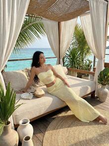 Sunnyshic Women's Summer Vacation Textured Bandeau Top And Skirt Dress Set - Light Yellow - View 1
