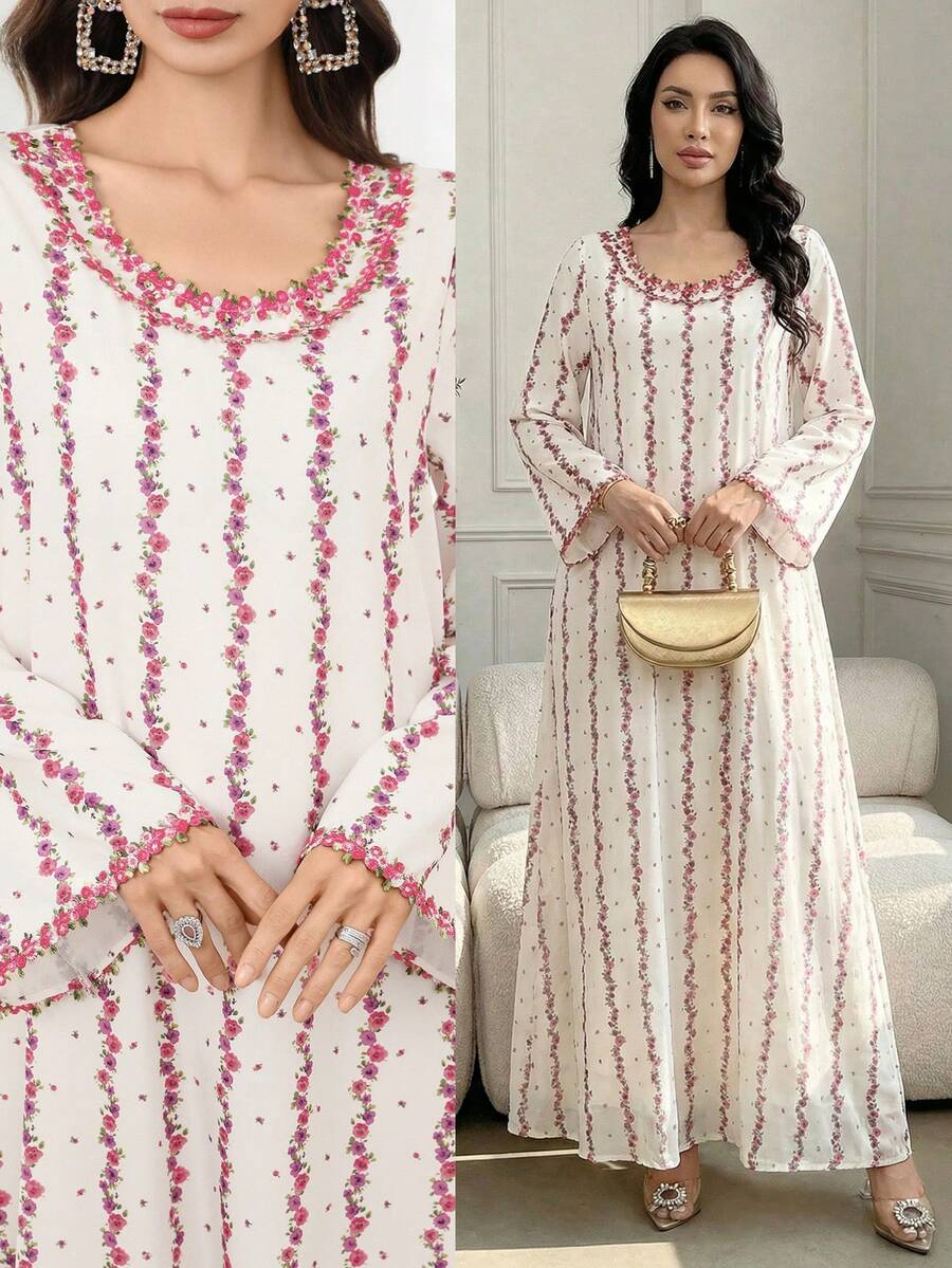 Yasmyna 女士碎花宽松优雅长袖圆领连衣裙