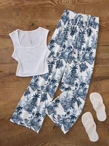 GlowEve Women's Casual Vacation Plant Print High Waist Drawstring Loose Straight Leg Pants Women's Beach Outfit Women's Summer Sets Tropical Vacation Woman Clothes - Blue and White - View 4