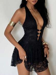 EgrlEra Đầm ngắn gợi cảm cổ chữ V sâu, ren hoa, không tay, hở lưng, xếp ly ở gấu váy, thích hợp cho mùa xuân, hè và thu. - màu đen - Xem 1