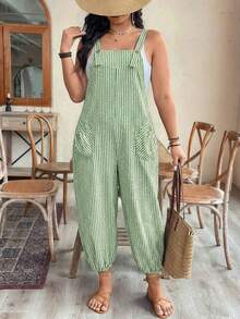 EMERY ROSE Plus Size Women's Elegant Striped Pocket Jumpsuit, Suitable For Work And Commute, Spring/Summer - Green - View 6