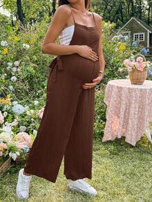 SHEIN Maternity Solid Color Minimalist Casual Jumpsuit - Coffee Brown - View 6