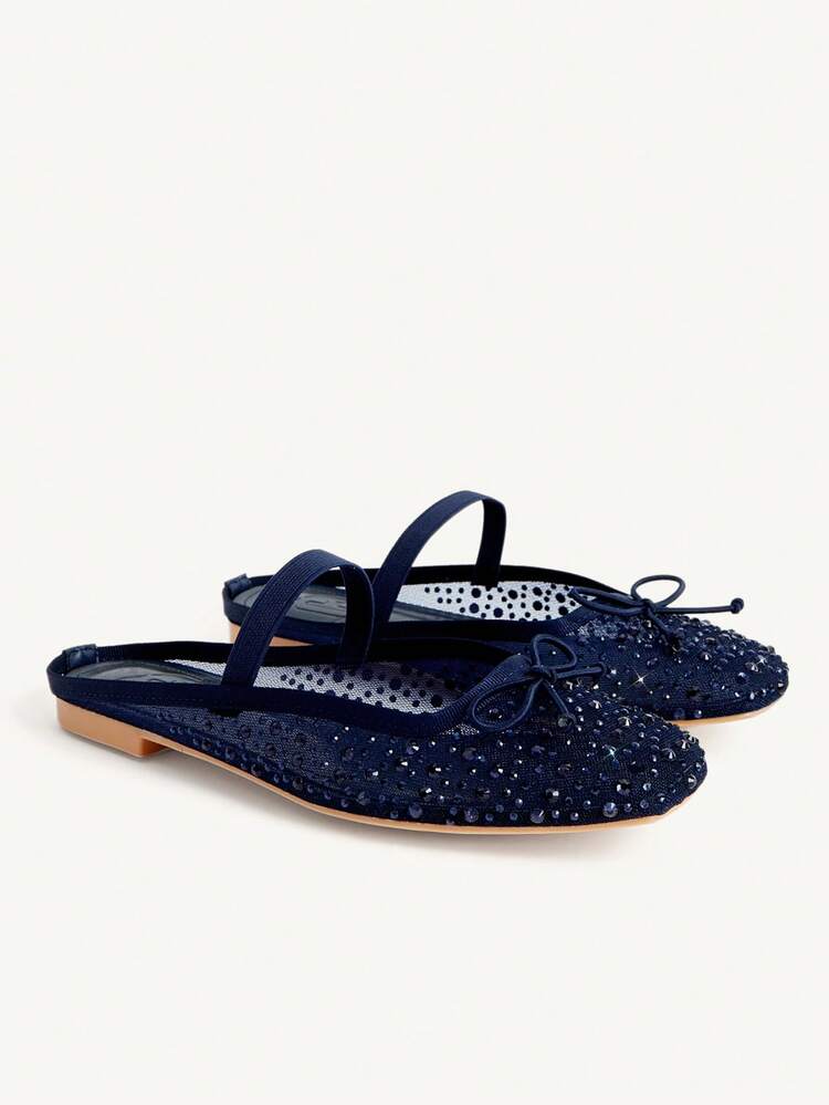 CUCCOO CHICEST Women Shoes Fashion Dark Blue Full Diamond Mesh Bow Mary Jane Flat Mule Shoes Elegant When Comfortable Cute Sweet Women Flat Shoes