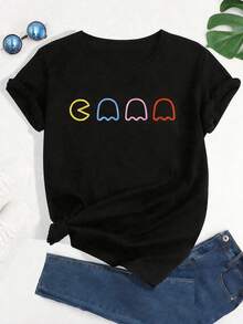 EMERY ROSE Kaos Wanita Ukuran Besar Kasual Motif Geometris Leher Bulat Lengan Pendek untuk Musim Panas - Hitam - View 1