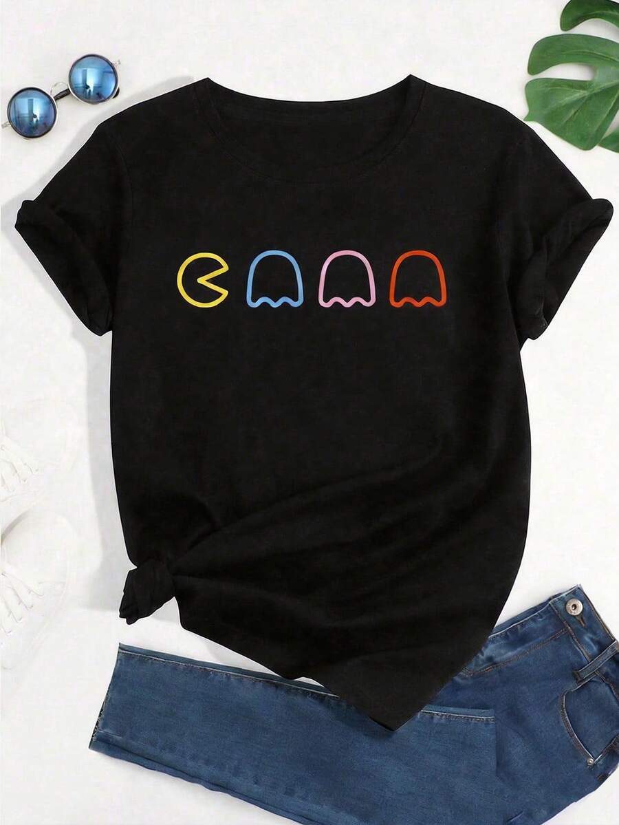 EMERY ROSE Kaos Wanita Ukuran Besar Kasual Motif Geometris Leher Bulat Lengan Pendek untuk Musim Panas - Hitam - View 1