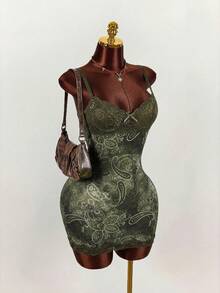Amplova Damen Leoparden-Muster Mini-Kleid, Kontrast-Spitze sexy Träger Boho-Kleid, geeignet für Herbst/Winter Layering, super Rock, warm und süß für Alltag/Date-Outfit - Armeegrün - Übersicht 9