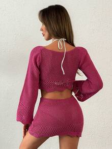 EURMUSE Bộ váy ngắn khoét lỗ và áo choàng - Màu tím  Violet - Xem 2