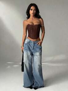 SHEIN PETITE 夏季海滩度假纯色蕾丝文胸上衣，适合日常约会、夜间外出、夜店、派对、聚会、鸡尾酒会、泳池派对、返校季服装、学期服装、假日服装、办公通勤服装，束身胸衣 - 咖啡棕 - 查看 1