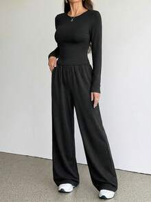 SHEIN Tall Bộ 2 món áo dài tay và quần dài màu trơn dành cho nữ. - màu đen - Xem 6