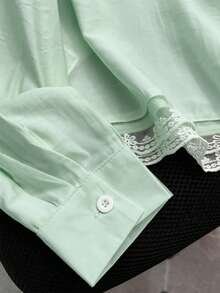Franclia Casual Loose Lace Trim Tie Collar Long Sleeve Shirt, Yellow For Women, Autumn/Winter Blouse For Women Elegant Classy Women's Tops And Blouses Lace Shirts For Women Blouses For Teens Blouses For Women New Formal Attire - Green - View 6