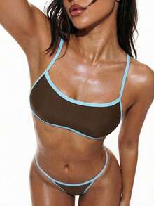 Swim Basics 女士撞色滚边系带性感比基尼上衣 - 淺藍色 - 查看 6