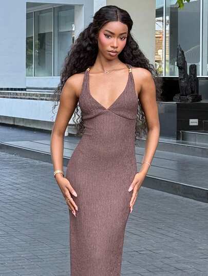 Mima John Women's Dress Textured Knitted Dress Metal Button Decoration Backless Dress Brown Dress Elegant Women's Elegant Backless Sleeveless Dress, Summer  Bodycon Maxi Dress Y2k Clothes Country Concert Outfit Old Money Streetwear Going Out Outfits