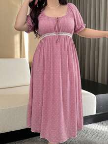 Dazy Plus 优雅碎花圆领系带撞色蕾丝收腰长款睡裙，短袖 - 藕粉色 - 查看 4