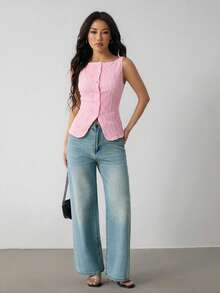 SHEIN PETITE Áo sơ mi nữ không tay, họa tiết hình học, cài một hàng khuy, chất liệu co giãn nhẹ, kiểu dáng ôm sát, thanh lịch và thời trang cho công sở, áo hai dây đơn giản, thoải mái hàng ngày, thích hợp cho mùa xuân/hè, áo không tay, kiểu cổ điển, trang phục phương Tây cho nữ. - Hồng - Xem 4