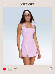 SHEIN Sovereign Charm Women's Lilac Purple Tennis Dress,Summer Casual Sleeveless Athletic Dress,White Contrast Piping,Square Neck,Crossover Back,Gym Workout Golf Dress - Purple - View 6