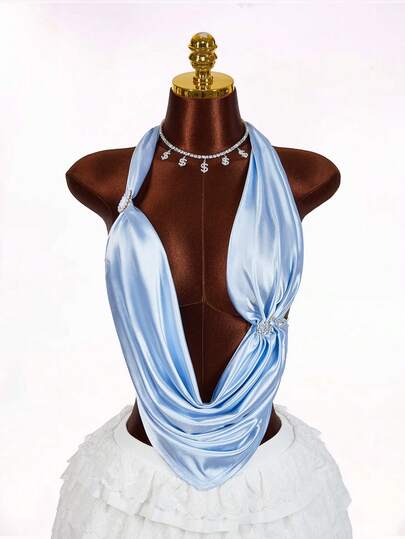 Amplova New Rhinestone Decor Low-Cut Satin Backless Blouse For Women