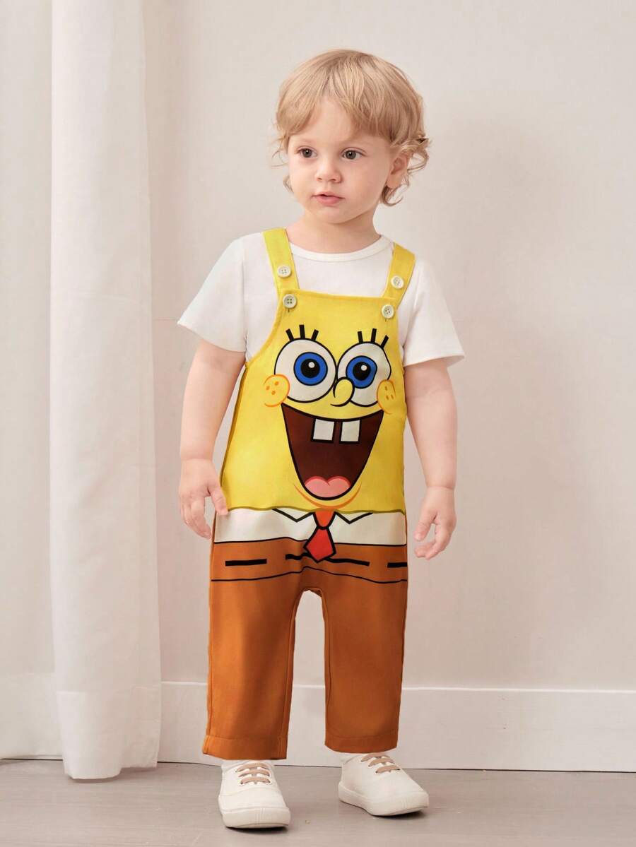 SpongeBob SquarePants | SHEIN 1件男婴可爱休闲风背带裤，舒适连体裤 - 彩色 - 查看 1