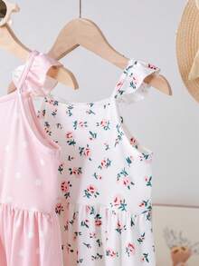 SHEIN Genkimix Kids 2件組少女花卉印花荷葉袖A字鬆緊腰洋裝，休閒日常、海灘、度假、夏季適用 - 淺粉色 - 查看 2