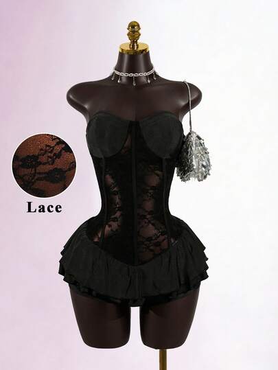 SaltGleam SaltGleam Women's Fashion Strapless Lace Sexy Sheer Party Cocktail Dress With Ruffle Hem, Fitted Waist, Satin Fabric, Mini Skirt, Suitable For Spring/Summer