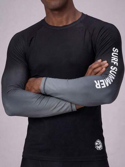 Manfinity KASUA Erkek Mektup Baskılı Raglan Uzun Kollu Ombre Sörf Tişörtü, Hawaii