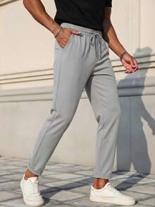 Men's Solid High-Waist Drawstring Detailed Casual Pants With Cuffed Hem - Light Grey - View 3