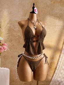 Bellisia Women's Solid Color Ruched Halter Tankini Top And Triangle Bottoms Swimwear Set, Suitable For Summer Vacation - Brown - View 4