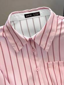 GlowEve 女士优雅情人节条纹口袋装饰直筒袖休闲宽松衬衫 - 粉色 - 查看 3