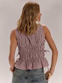 SHEIN BAE 女士春夏格子束腰圆领长袖衬衫，适合沙滩穿着，休闲褶皱设计，弹性格子衬衫，外套，伊比沙岛、法国南部度假、意大利穿搭、复古风格，通勤休闲皆宜。 - 藕粉色 - 查看 2