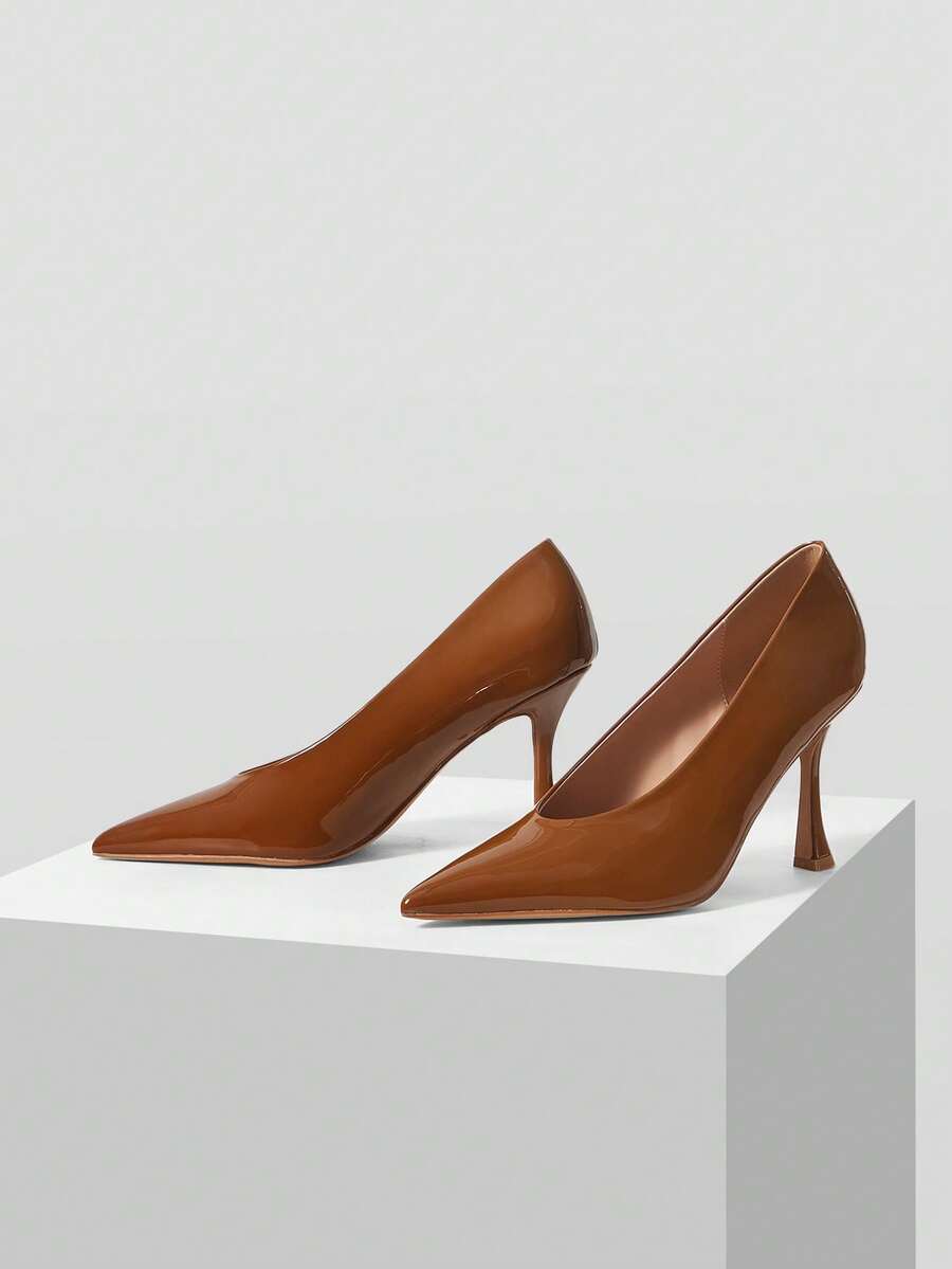 Mnmlis Giày cao gót mũi nhọn bằng da bóng mới năm 2026, kiểu dáng công sở, đi làm, đa năng, dành cho nữ. - màu nâu - Xem 1