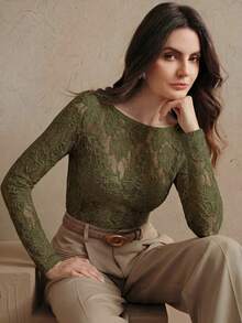 Anewsta Camiseta de mujer de manga larga, elegante, de unicolor y con abertura elástica - Verde militar - Ver 1