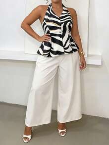 Veslaya 春夏新款两件套：波浪印花无袖露背系带露脐上衣搭配宽松白色阔腿裤，适合通勤、休闲、日常、派对、办公室、商务等场合，尽显优雅气质。这款套装也适合大码女性居家办公穿着，是女士办公室工作服、半正式女装、夏季女装以及优雅套装的理想之选。 - 彩色 - 查看 4