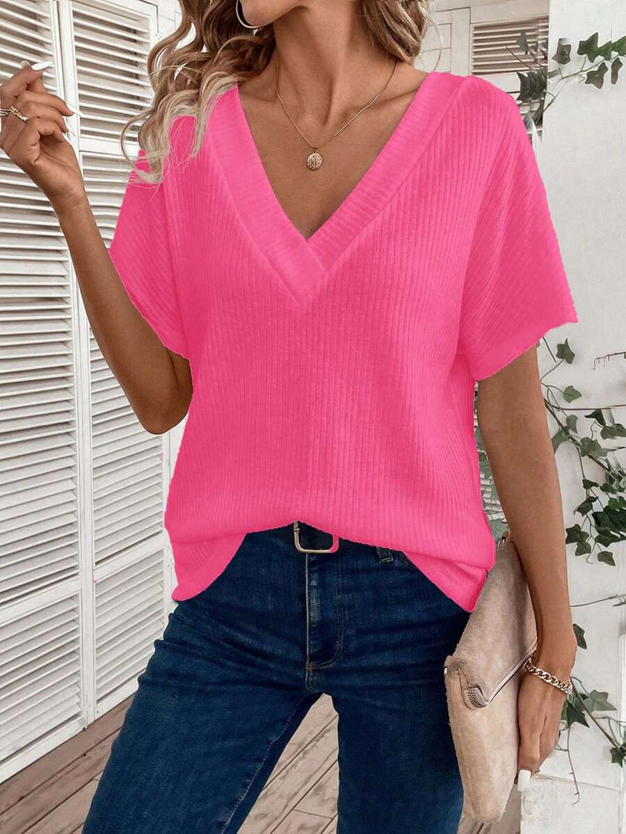 SHEIN LUNE 女士纯色V领休闲百搭日常短袖T恤 - 粉色 - 查看 1