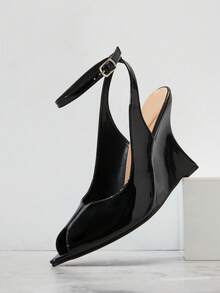 SHUZIA Sandalias de cuña con tira de tobillo y punta abierta para mujer - Negro - Ver 7