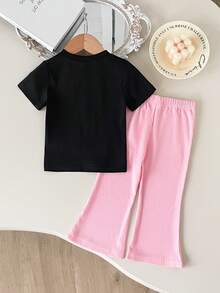 SHEIN Playful Pals 2025年夏季新款女婴休闲时尚上衣，蝴蝶结拼接设计，搭配黑色喇叭裤，修身显瘦，增高效果 - 黑色 - 查看 2