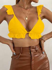 Chiquease Women's Vacation Solid Color Ruffle Hem Fitted Sexy Top Golf Pastal Summer - Yellow - View 4