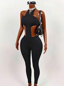 Slaydiva Women's Backless Halter Neck Fitted Denim Jumpsuit - Black - View 3