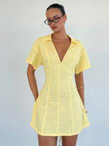 Siren Gaze Women's Elegant Pale Yellow Polo Collar Short Sleeve Mini Dress,Summer Beach Vacation A-Line Sundress,Tea Party Brunch Picnic Outfits - Pale Yellow - View 2