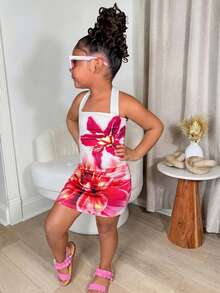 SHEIN Young Girls White Floral Print Halter Neck Casual Dress,Summer Matching Family Vacation Outfit,Fashionable Versatile For Party,Sister Photo Shoot - Multicolor - View 4