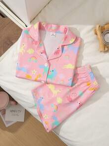 女童甜美可爱优雅休闲舒适柔软时尚经典阻燃针织面料卡通独角兽、云朵、彩虹印花翻领开衫短袖上衣和短裤睡衣套装，2件套 - 淺粉色 - 查看 6