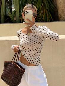 DAZY Women's Polka Dot Sheer Long Sleeve Crew Neck Undershirt, Spring/Summer - White - View 6