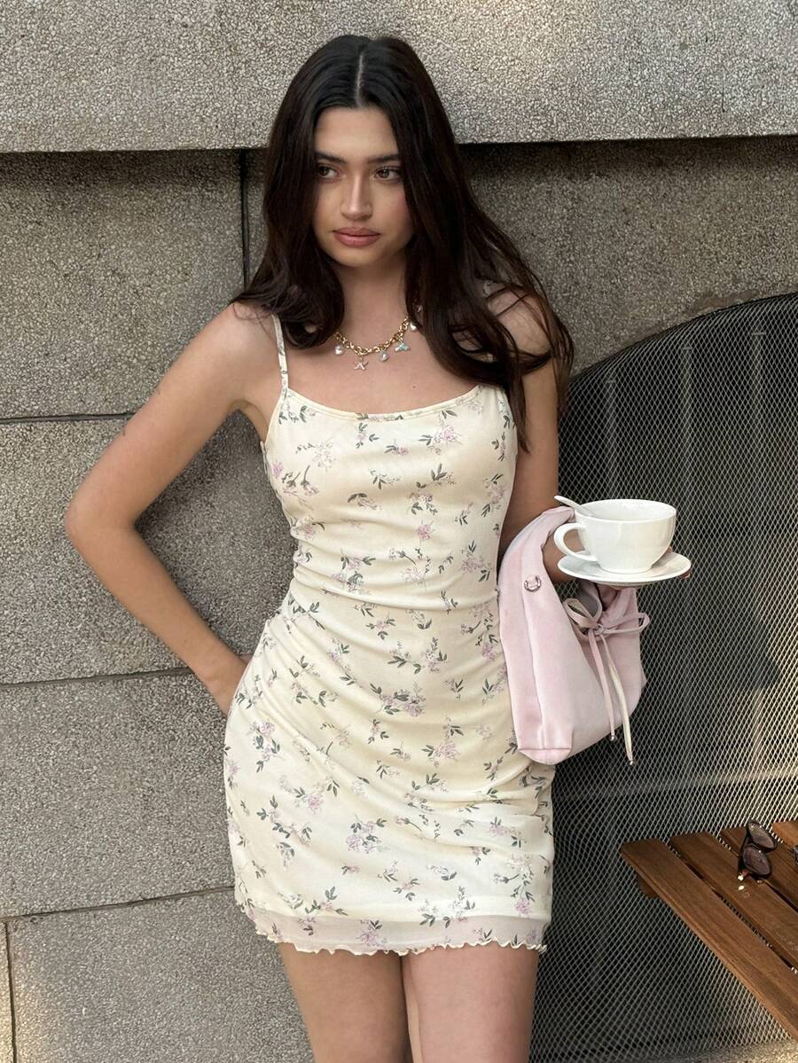 MainGRL Váy Cami đi chơi mùa hè Ditsy in hoa xà lách trang trí - Màu be - Xem 1