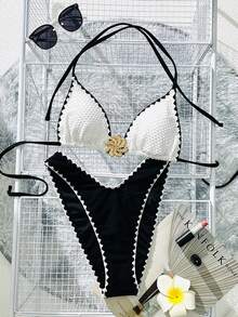 Swim Chiccia Summer Beach Golf Vacation White Contrast Floral Halter Triangle Top Regular Floral Bikini Bottom Swimwear Set Sexy - Black and White - View 4