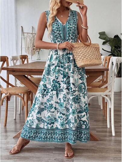 Breezaya Vestido casual largo de verano con bloque de color, sin mangas y cuello en V