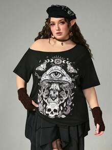 ROMWE Goth Plus Size Distressed Mushroom Skull Print Single Shoulder T-Shirt - Black - View 1