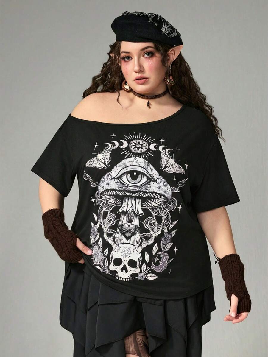 ROMWE Goth Plus Size Distressed Mushroom Skull Print Single Shoulder T-Shirt - Black - View 1